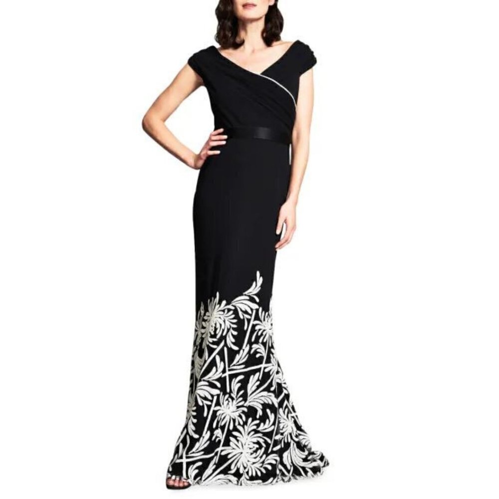 Tadashi Shoji Black Maxi Dress with White Floral Design